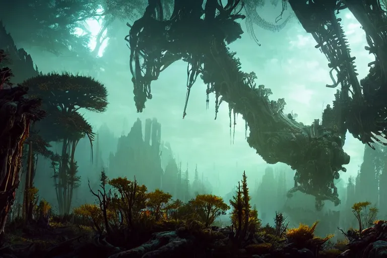 Image similar to wide epic shot from horizon forbidden west. a hyper detailed organic mechanic creatuve realistic similar look as horizon forbidden west horizon zero dawn, bioluminiscence in a dark deep forest at dawn in spring, with reflection and textures, by kilian eng, substance painter reaslitic mech surface metal painted scratches, world env from horizon forbidden west horizon zero dawn