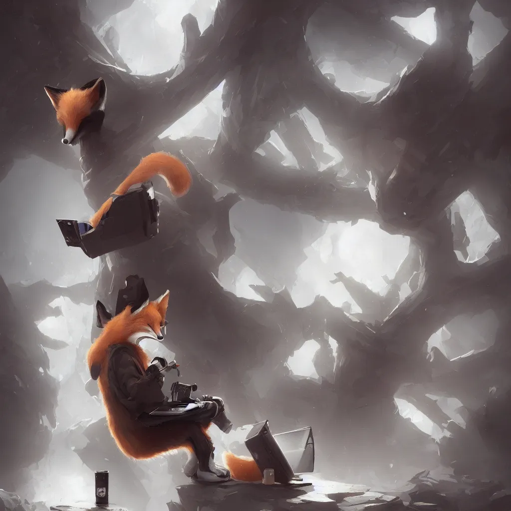 Prompt: an anthropomorphic fox wearing a hoodie and anonymous mask and sitting in front of a portable black computer, white background, concept art, digital painting, highly detailed, style by jordan grimmer and greg rutkowski, illustration