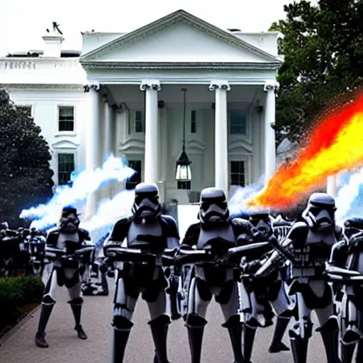 Image similar to a still candid image of hundreds of star wars stormtropers rioting in front of a the white house in washington.!!!, flaming torches and pitchforks