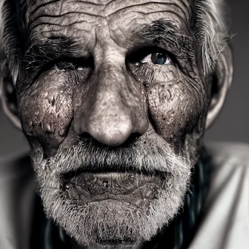 Image similar to a photographic portrait of a rugged elderly man with tears running down face by Martin Schoeller