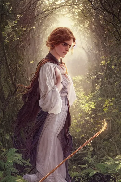 Image similar to beautiful cottagecore emma watson as hermione holding a magic wand, magical Hair, magical forest, intricate, elegant, highly detailed, digital painting, artstation, concept art, smooth, sharp, focus, illustration, art by artgerm and greg rutkowski and alphonse mucha