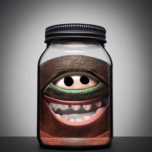 Image similar to Evil monster in a jar, product photography, centered, studio lightning