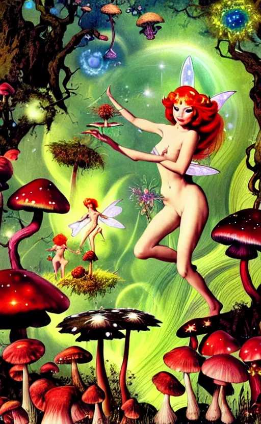 Image similar to fairies with detailed faces and red hair, enchanted cosmic forest, mushrooms on the ground, psychedelic, wide angle shot, white background, vector art, illustration by frank frazetta