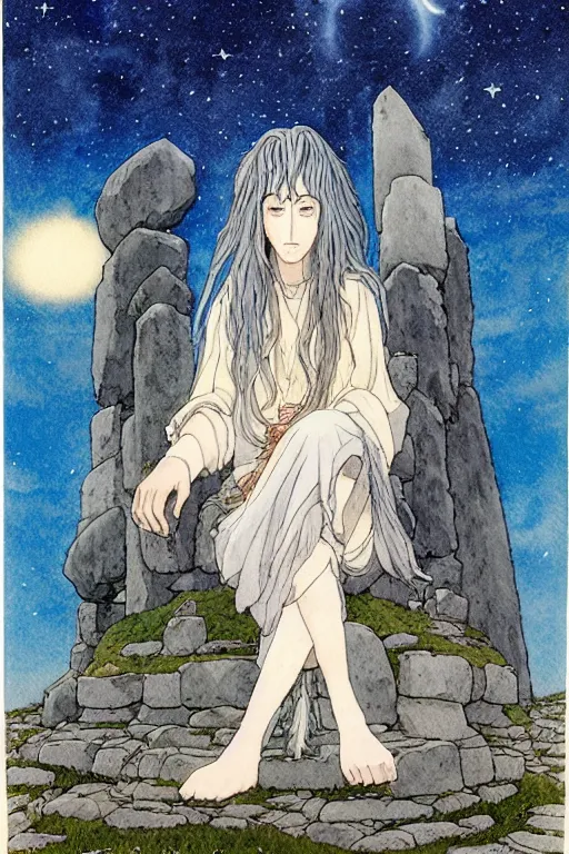 Image similar to a hyperrealist studio ghibli watercolor fantasy concept art of a giant long haired grey witch in lotus position sitting on top of stonehenge with a starry sky in the background. a ufo is in the sky. by rebecca guay, michael kaluta, charles vess