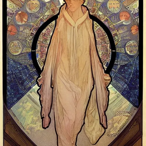 Image similar to thomas newton, the man who fell to earth, mucha style,