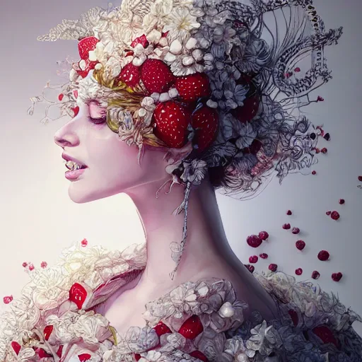 Image similar to the portrait of an absurdly beautiful, graceful, elegant, chaste, young woman made of strawberries and white petals looking up, an ultrafine detailed illustration by kim jung gi, irakli nadar, intricate linework, bright colors, octopath traveler, final fantasy, angular, unreal engine 5 highly rendered, global illumination, radiant light, detailed and intricate environment