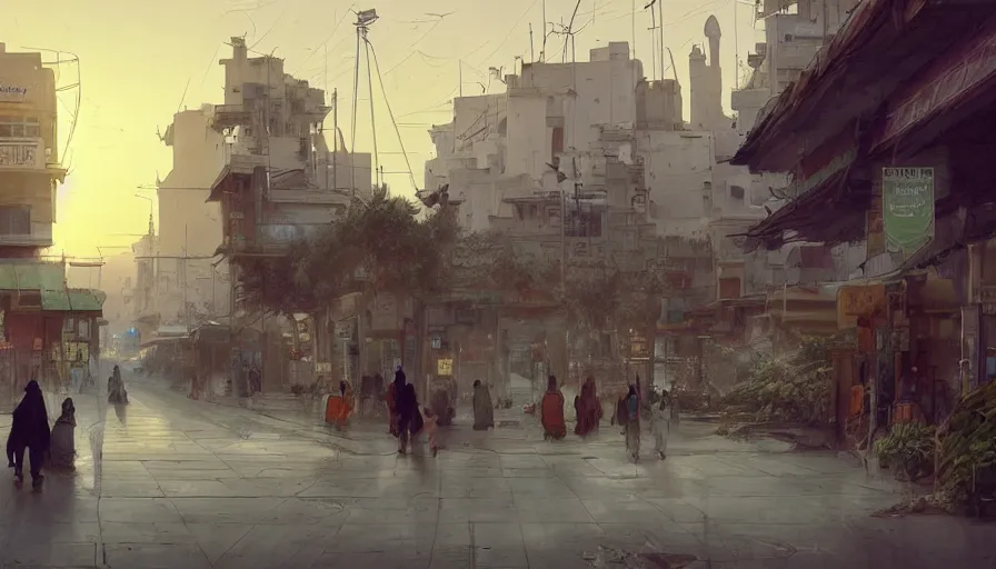 Prompt: jeddah city street, shops, a bright pharmacy, a nomad wearing a worn out coat, plants, tree, dramatic lighting, sci fi, by caspar david friedrich by james gilleard and justin gerard, centered, artstation, smooth, sharp focus, photoreal octane render, by jean baptiste monge, gustave dore, deviantart