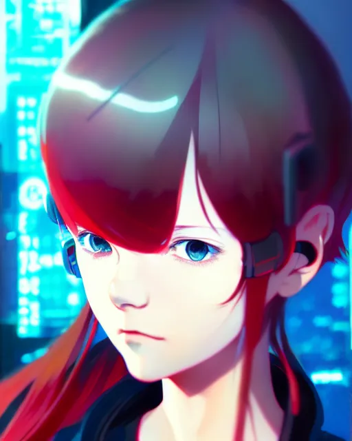 Prompt: portrait of cute cyberpunk young girl with vibrant red hair, anime key visual, by ilya kuvshinov and wlop and makoto shinkai and studio ghibli