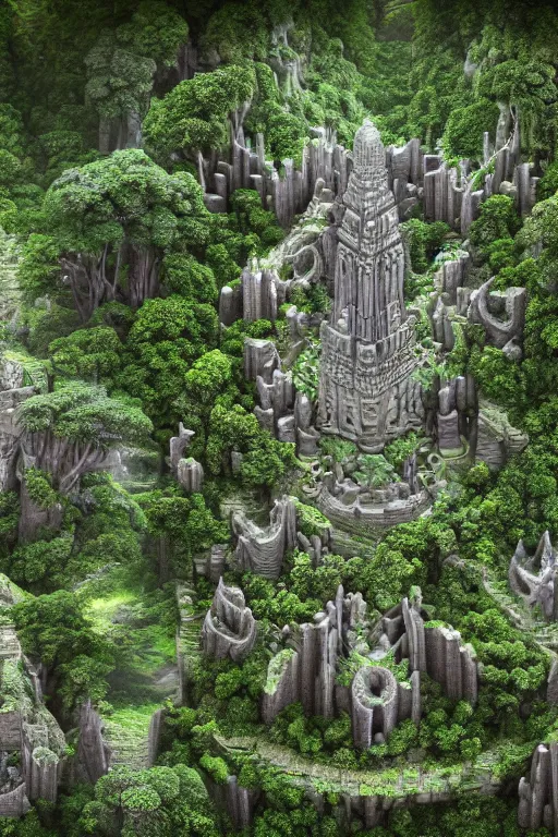 Image similar to ancient fractal temple, altar, primordial diamond radiating - sharp focus view of a megastructure in the hanging gardens of a radiant forest jungle, overgrown garden, scanned earth terrain fractal bridges, highly detailed erosion algorithm landscape, by albert bierdstat, by glenn small, high resolution, 8 k photorealism, god rays in volumes of fog, looking up perspective