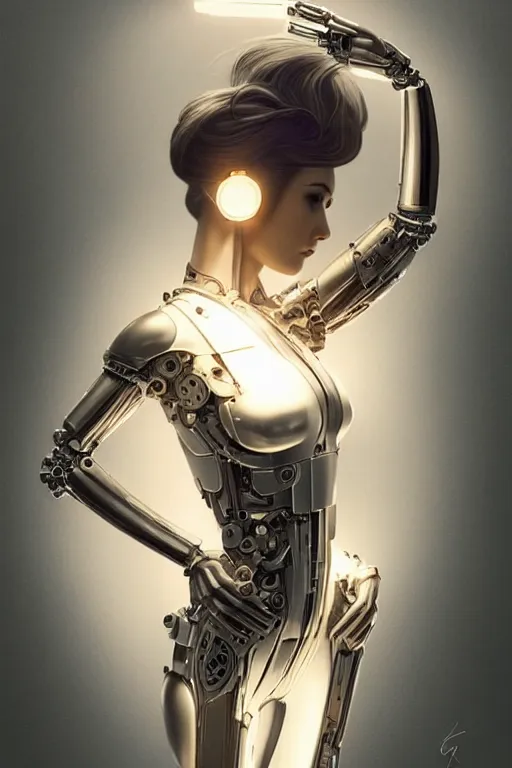 Image similar to Mechanical female android looking, cinematic lighting, intricate, elegant, super highly detailed, art station, concept art, smooth, sharp focus, no blur, no dof, extreme illustration, Unreal Engine 5, Photorealism, HD quality, 8k resolution, cinema 4d, 3D, beautiful, delicate, art by artgerm and greg rutkowski and alphonse mucha and loish and WLOP