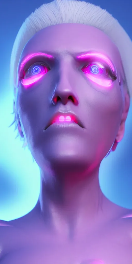 Prompt: matte painting close-up high quality render of gothic cyborg woman with white hair and pearlescent blue skin key sage wayne barlowe very soft pink neon lighting on one side wide angle 35mm shallow depth of field 8k