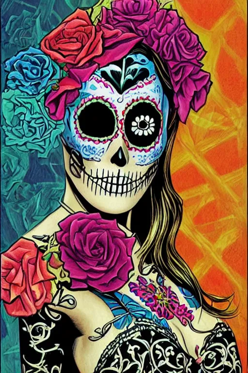 Image similar to Illustration of a sugar skull day of the dead girl, art by joe jusko