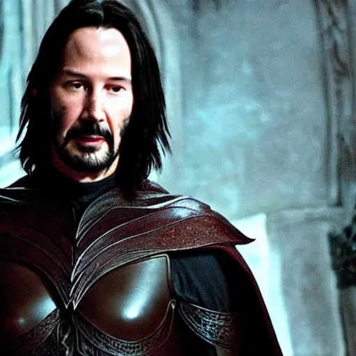 Prompt: keanu reeves as a shadowy fantasy elf elven warlock with dark magical armor and pointy ears