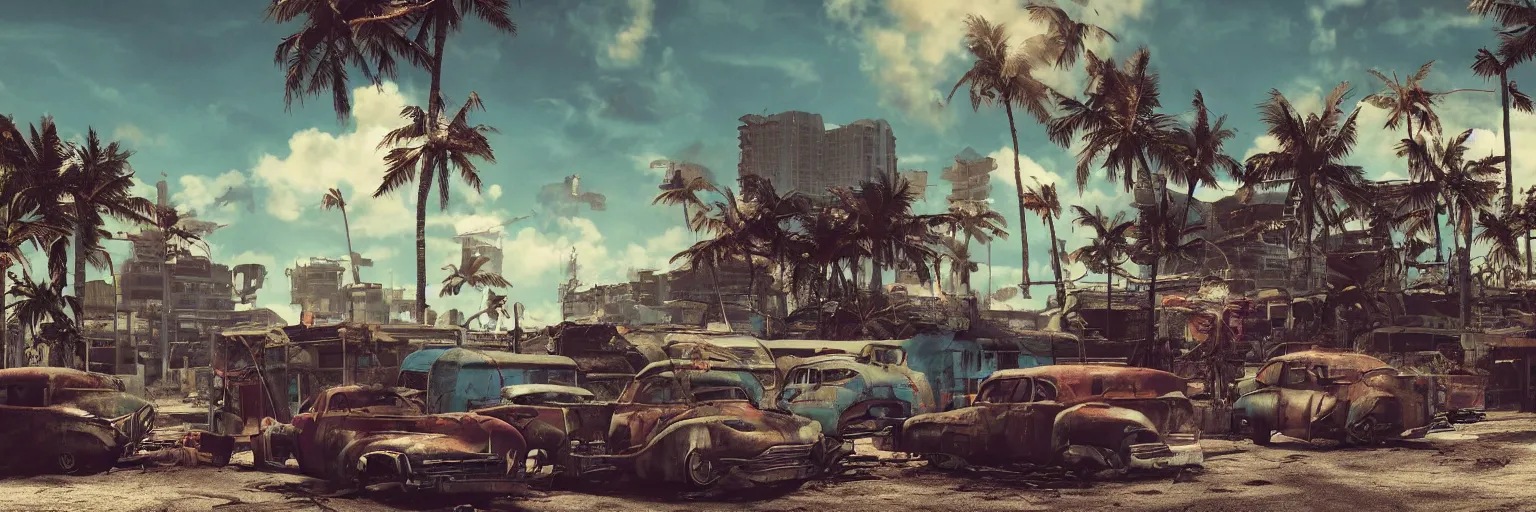 Prompt: fallout 5 : miami, outdoors ruined tropical city, rusted retro futuristic vintage styled parked vehicles like cars, buses, trucks, atmospheric lighting, painted, intricate, volumetric lighting, summer, sunny weather, few clouds, sharp focus, deep colours, ultra detailed, by leesha hannigan, ross tran, thierry doizon, kai carpenter, ignacio fernandez rios