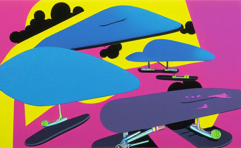 Image similar to flying skate boards by shusei nagaoka, kaws, david rudnick, airbrush on canvas, pastell colours, cell shaded!!!, 8 k