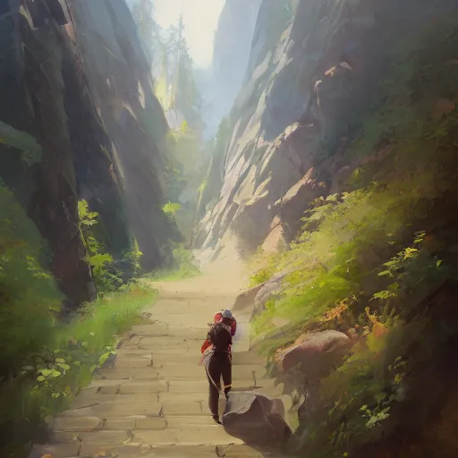 Image similar to Time to climb the mountain path, an expressive oil painting by Ross Tran, John Harris, Krenz Cushart, trending on Artstation