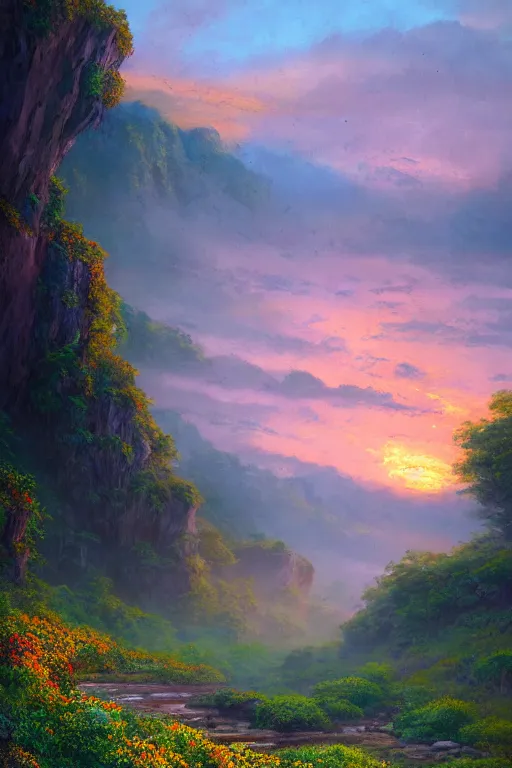 Prompt: matte painting of sunrise at the end of a verdant flower valley. A rocky stream runs along the valley floor. Beautiful swirling sunrise colours. Cyril Roland naomi okubo.