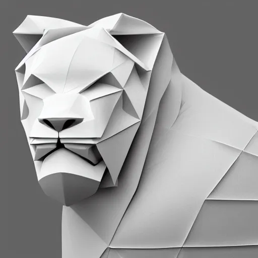 Image similar to origami lion in white paper, 3 d render, ultra detailed, on white background, studio shot