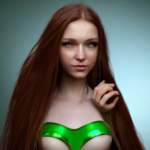 Image similar to photograph of a cute woman with long shiny bronze brown hair and green eyes, 8k, medium shot, by Irakli Nadar, hyperreal, trending on artstation