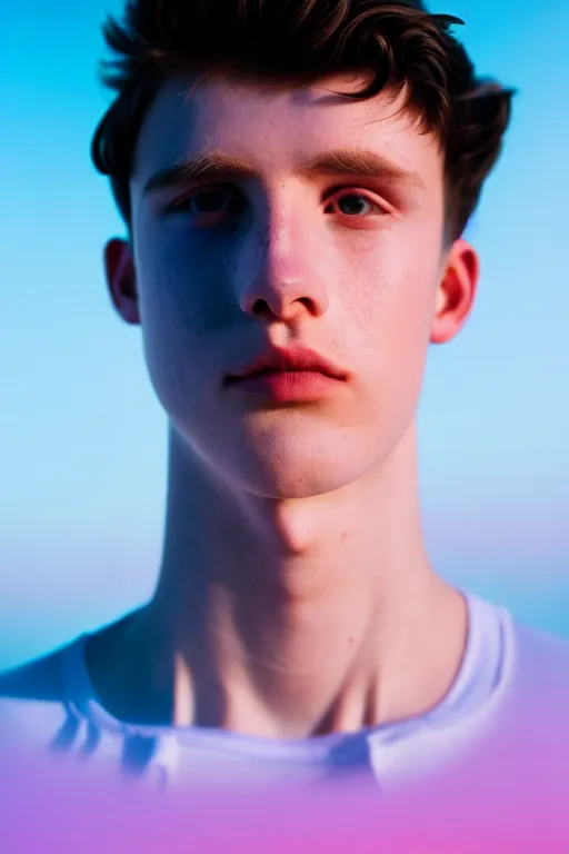 Image similar to high quality pastel coloured film mid angle selfie photograph of a beautiful young 2 0 year old male, soft features, short black hair, standing in an icelandic black rock environment. atmospheric. three point light. photographic. art directed. ( pastel colours ). volumetric light. clearcoat. waves glitch. 8 k. filmic.