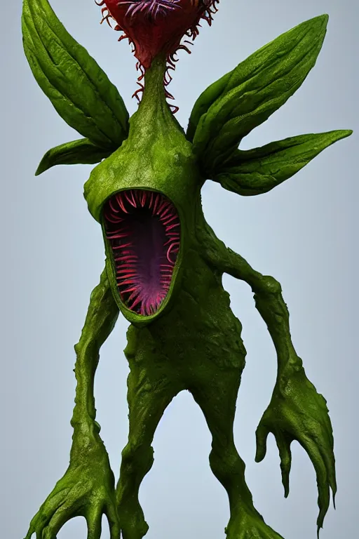 Prompt: anthropomorphic, mutant carnivorous plant, full body, character design by Disney and Pixar, sculpted in zbrush, minimal, dystopian, big eyes with eyelashes,extremely detailed, digital painting, artstation, concept art, volumetric lighting, golden ratio, rule of thirds, fibonacci