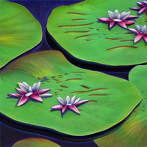 Image similar to perfect frog pattern realistic lily pads in a lake intricate, hyper detailed, realistic, oil painting