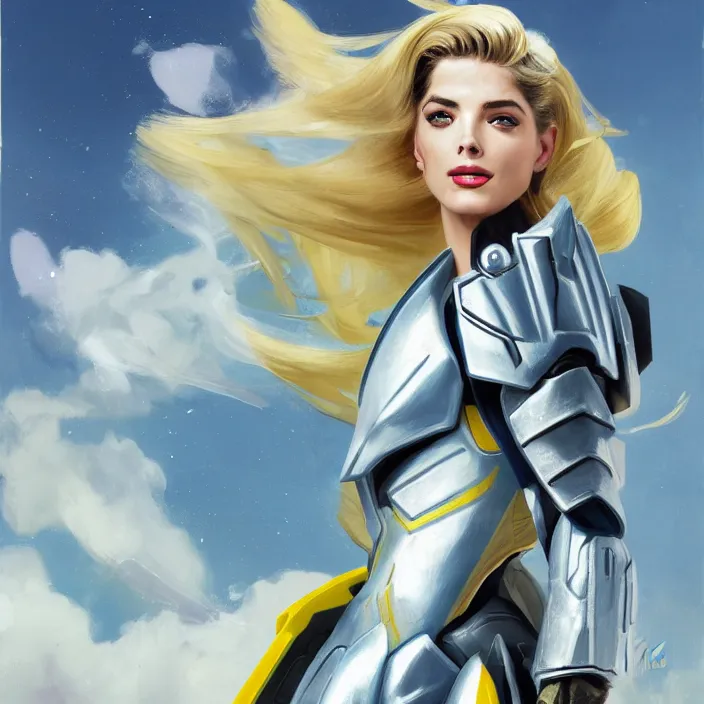 Image similar to A combination of Adriana Dxim's and Grace Kelly's and Ashley Greene's appearances with blonde hair wearing Interceptor's armor from Anthem, countryside, calm, fantasy character portrait, dynamic pose, above view, sunny day, thunder clouds in the sky, artwork by Jeremy Lipkin and Giuseppe Dangelico Pino and Michael Garmash and Rob Rey and Greg Manchess and Huang Guangjian, very coherent asymmetrical artwork, sharp edges, perfect face, simple form, 100mm