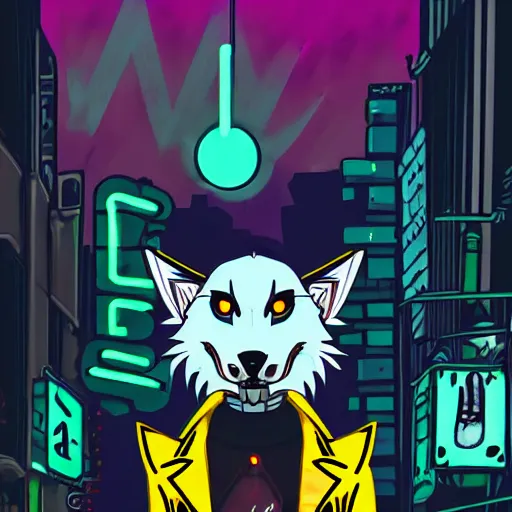 Image similar to beautiful furry digital art portrait of an androgynous furry anthro wolf fursona both wearing punk clothes in the streets of a cyberpunk city. neon signs.