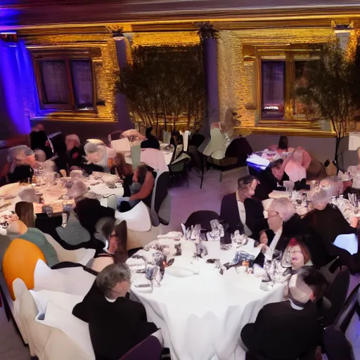 Prompt: A pulitzer prize banquet celebrating a story on robot artists and AI creativity