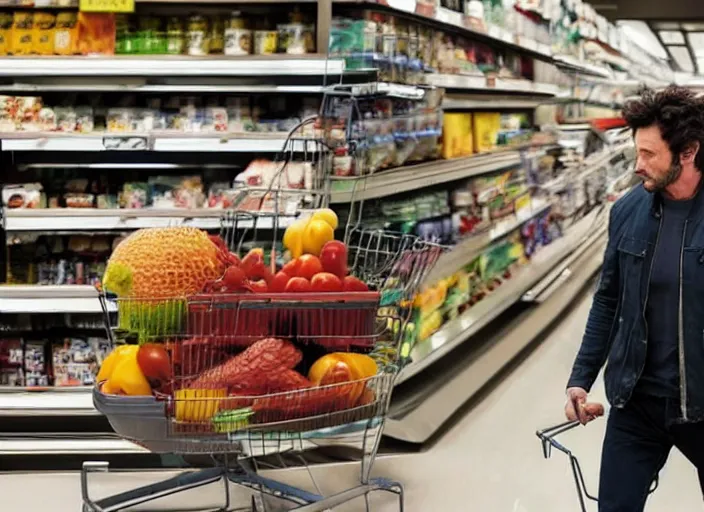 Image similar to film still of Wolverine going grocery shopping in the new X-Men movie, 4k