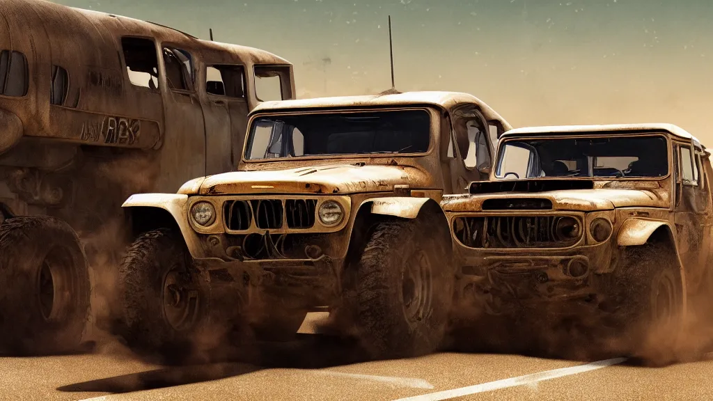 Image similar to illustration of mad max's fj 4 0 pursuit special, the last v 8 interceptor driving down to the gates of valhalla highway, fury road, eternal shiny and chrome, world of fire and blood, by makoto shinkai, ilya kuvshinov, lois van baarle, rossdraws, basquiat, studio ghibli, global illumination ray tracing hdr