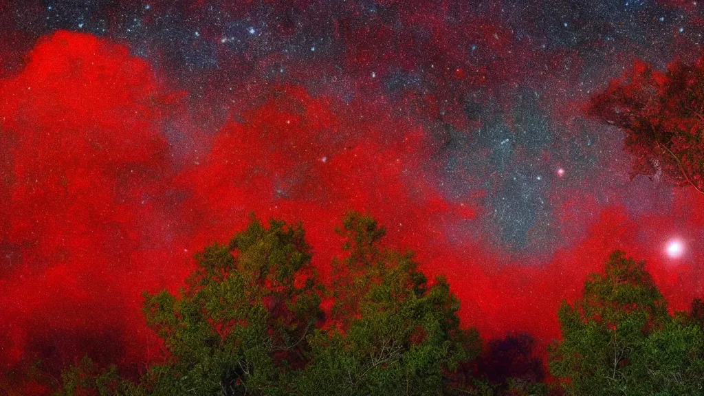 Prompt: (((psychedelic))) 8k ultra realistic night time photography of a mystical cosmic night sky with red smoke and a perfect huge full moon, A glimpse through a small gap in the dark green foliage and overgrowth and the trees of the huge gibbous full moon over water in a dark sky. wreathed in red smoke!!!, starlight, night-time, dark enclosed, cozy, quiet forest night scene, spangled, cosmic