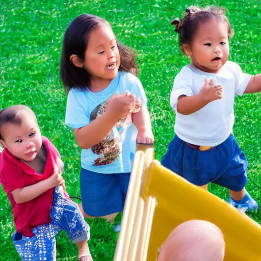 Image similar to an ethnically diverse group of toddlers. white. asian. hispanic. african. playing on a playground. oil on canvas exquisite. smooth. sharp focus. award winning. 8 k