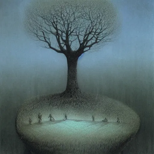 Image similar to girl dreams under the tree by Beksinski