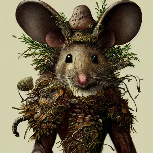 Image similar to detailed realistic body portrait of a mouse druid in full plate ceremonial armor, covered in fungus and mushrooms, decayed plant matter, leaves, by Gerald Brom and Alan Lee, ArtStation