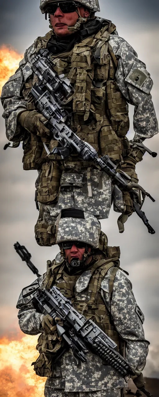 Image similar to modern weaponized soldier, photography, 8k