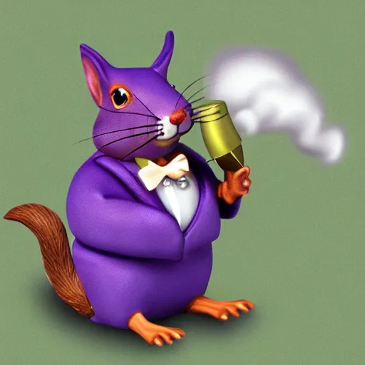 Prompt: photo-realistic purple squirrel wearing a bowtie and smoking a pipe