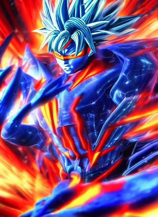 Image similar to Cyber Ultra Instict Goku Portrait, Smooth Digital Artwork, Fractal Chaos Background, Rendered in Maya, Hyperdetailed, Cinematic Shot, in style of Kentaro Miura