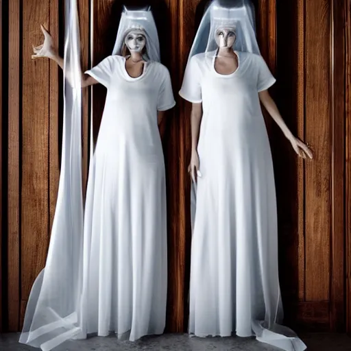 Image similar to award winning photo Hovering twins, buxom nuns, wearing translucent veils, see through dress, Very long arms, bedroom, wood door, eerie, frightening, highly detailed, photorealistic —width 1024 —height 1024