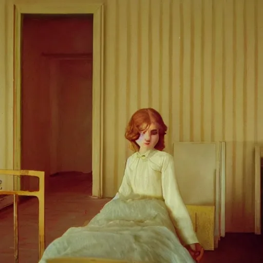 Image similar to an ivory girl in an soviet golden liminal abandoned room, film still by wes anderson, depicted by balthus, limited color palette, very intricate, art nouveau, highly detailed, lights by hopper, soft pastel colors