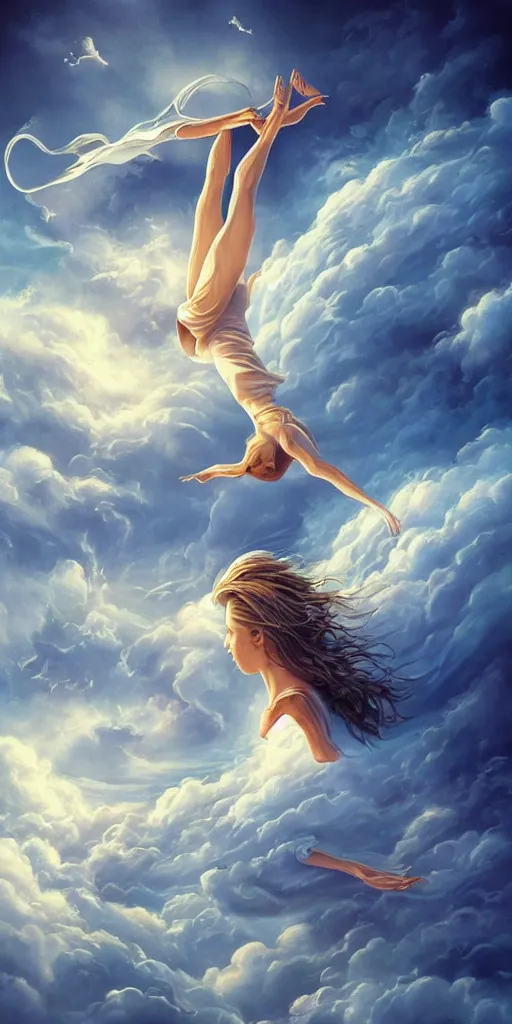 Image similar to symmetry!! she is falling from heaven, heavenly landscape, swirling clouds, serene, peace, very detailed, perfect composition, perfect lighting, 4 k, tim white, artgerm