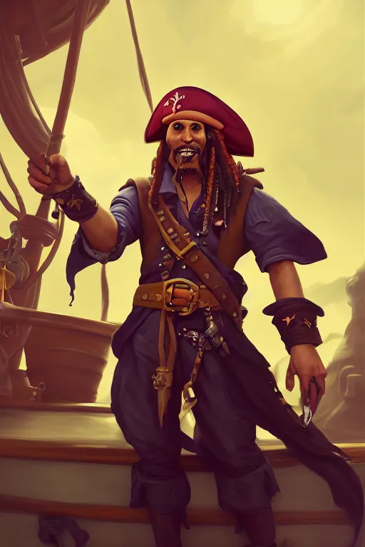 Image similar to a pirate man with an astronaut helmet with long black hair on a pirate ship, d & d, sea of thieves, fantasy digital painting, trending on artstation, concept art, sharp focus, illustration, global illumination, ray tracing, realistic shaded, art by artgerm and greg rutkowski and fuji choko and viktoria gavrilenko and hoang lap