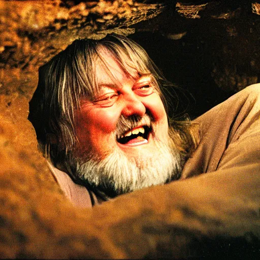 Prompt: laughing robert wyatt sitting in a cave