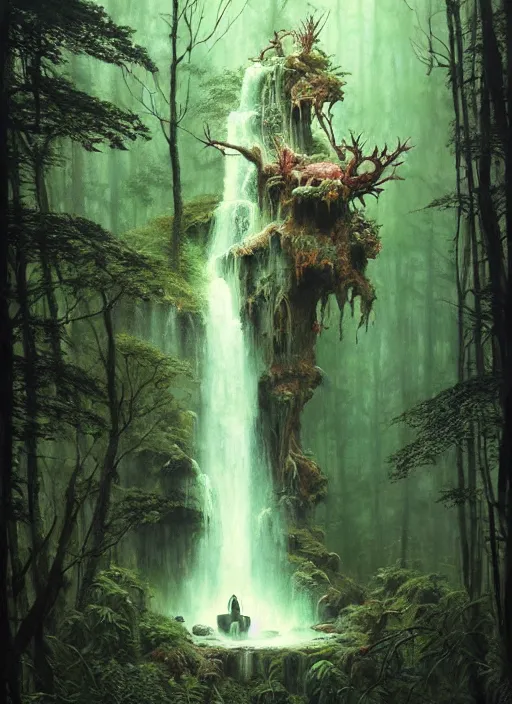 Image similar to a hyper realistic architectural witch shrine under a waterfall in the woods, gorgeous lighting, lush forest foliage, painting by chiara bautista and tom bagshaw, muca beksinski and norman rockwell and greg rutkowski weta studio, and lucasfilm