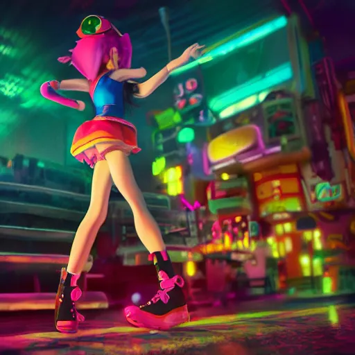 Image similar to a girl like (jinx, Princess peach), dancing, background jet ground radio, fullshot, raytrayced, octane render, epic composition, intricate details, hyperrealist, dark neon punk, by pixar