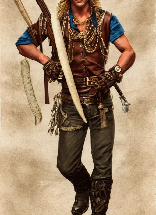 Image similar to a male ranger, dnd, wearing a leather vest and white linen pants, puka shell necklace, long swept back blond hair, with a bongo drum and nunchucks, chiseled good looks, digital art