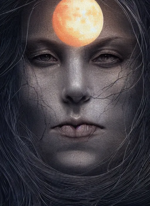 Image similar to golden moon at background, creative!!! composition for a book cover, absurdly beautiful, ultrafine hyperrealistic detailed old witch face by wlop and artgerm and greg rutkowski, intricate linework, sharp focus, smooth, octopath traveler, final fantasy, unreal engine, dramatic lighting, ethereal, 8 k