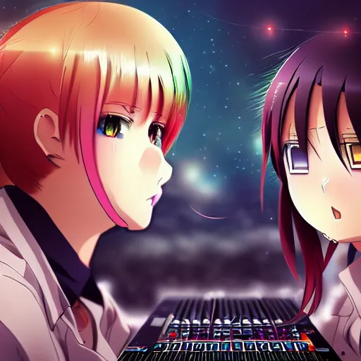 Image similar to two beautiful lesbian girls in love, djing together at the end of the world, in the style of anime, close - up, highly detailed face, 4 k, artstation, intricate, chaotic, brutal, esoteric, highly detailed, lush, stylized, japanese, smooth