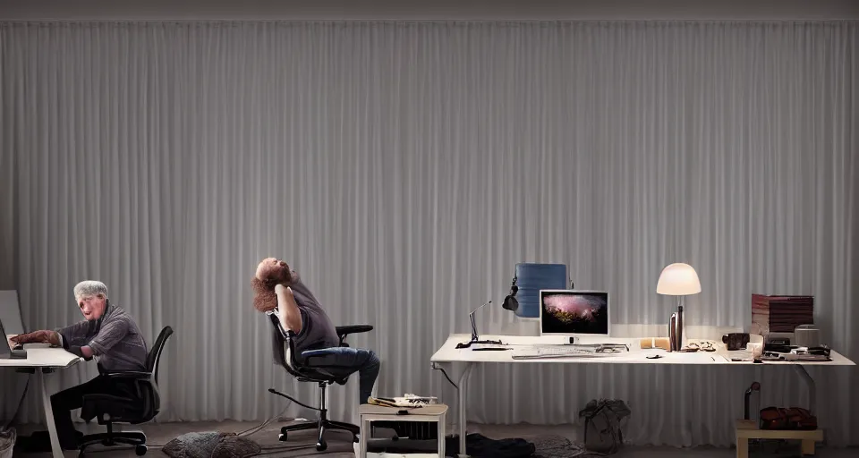 Prompt: an excited insomniac sitting on his aeron chair at his small ikea desk staring up at a multi-monitor setup at 3AM with the sunrise peeking through the curtain blinds , hyperdetailed, octane , hyper realistic , detailed , interior , hyperfocal 8k , in the style of Gregory Crewdson