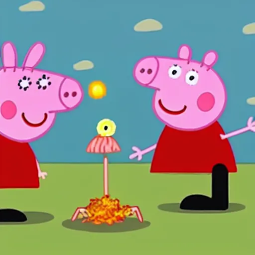 Prompt: An episode of Peppa Pig where Peppa Pig plays with George in front of a nuclear mushroom. Fire and destruction everywhere